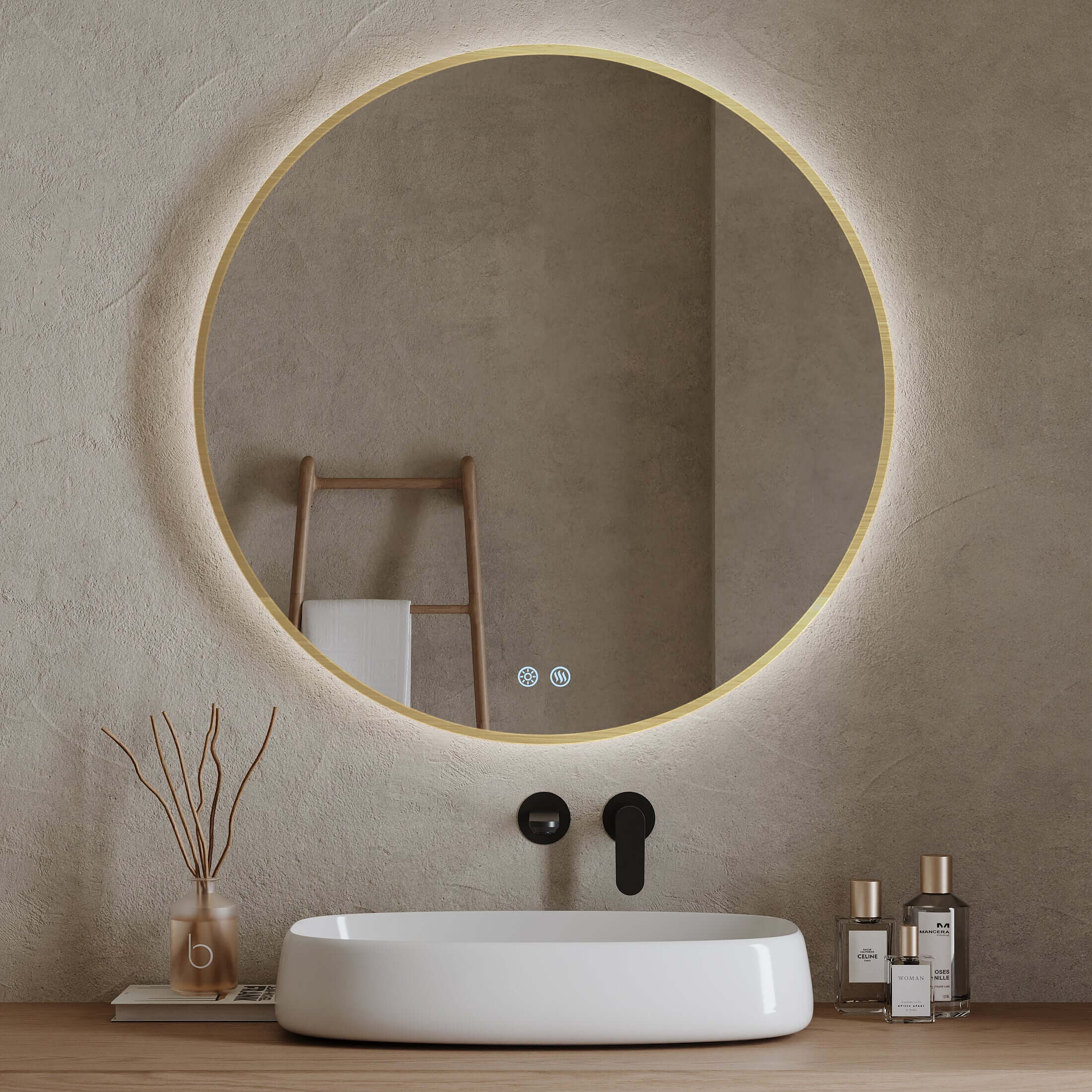 Specchio Tondo Retroilluminato Anti appannamento 100 cm Profilo Oro - Fiji