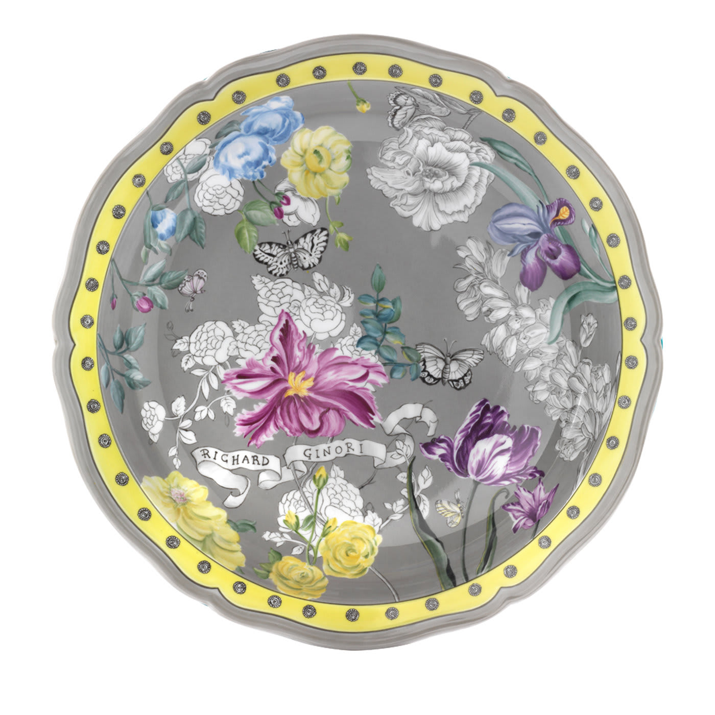 Centrotavola grigio con giardino di iris