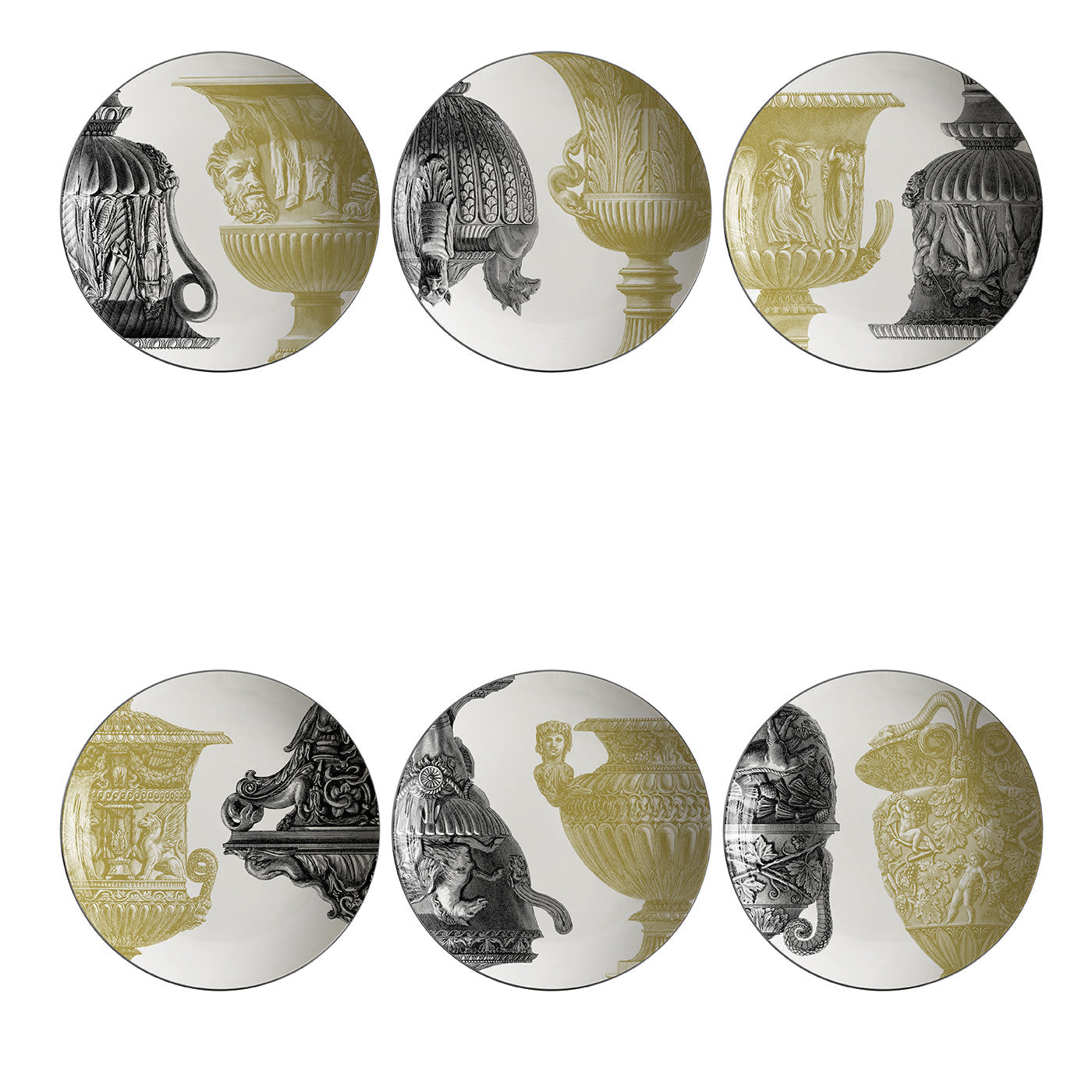 Roma Set di 6 Piatti Fondi in porcellana con anfore antiche
