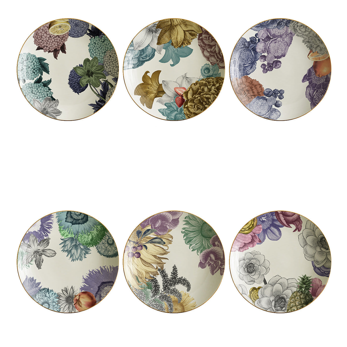 Set di 6 piatti da minestra in porcellana Cairo con fiori
