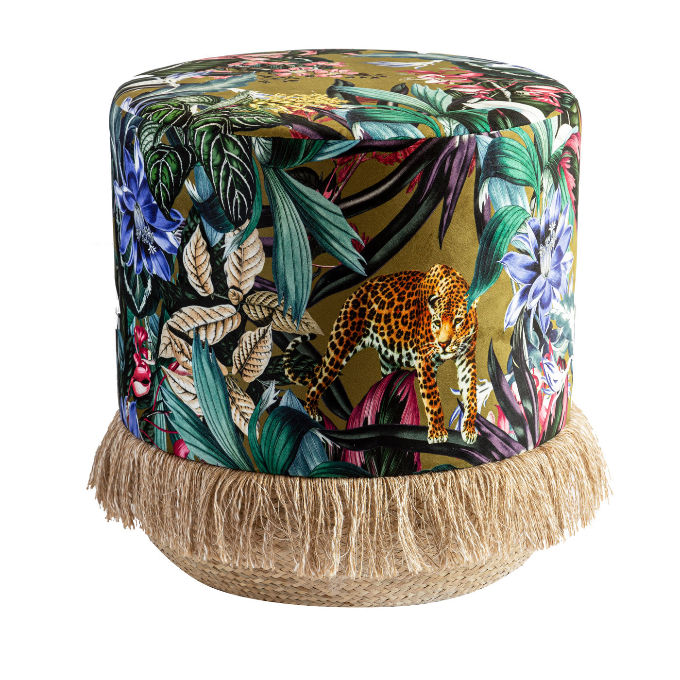 Pouf Animalia con vegetazione tropicale e animali base in cesta