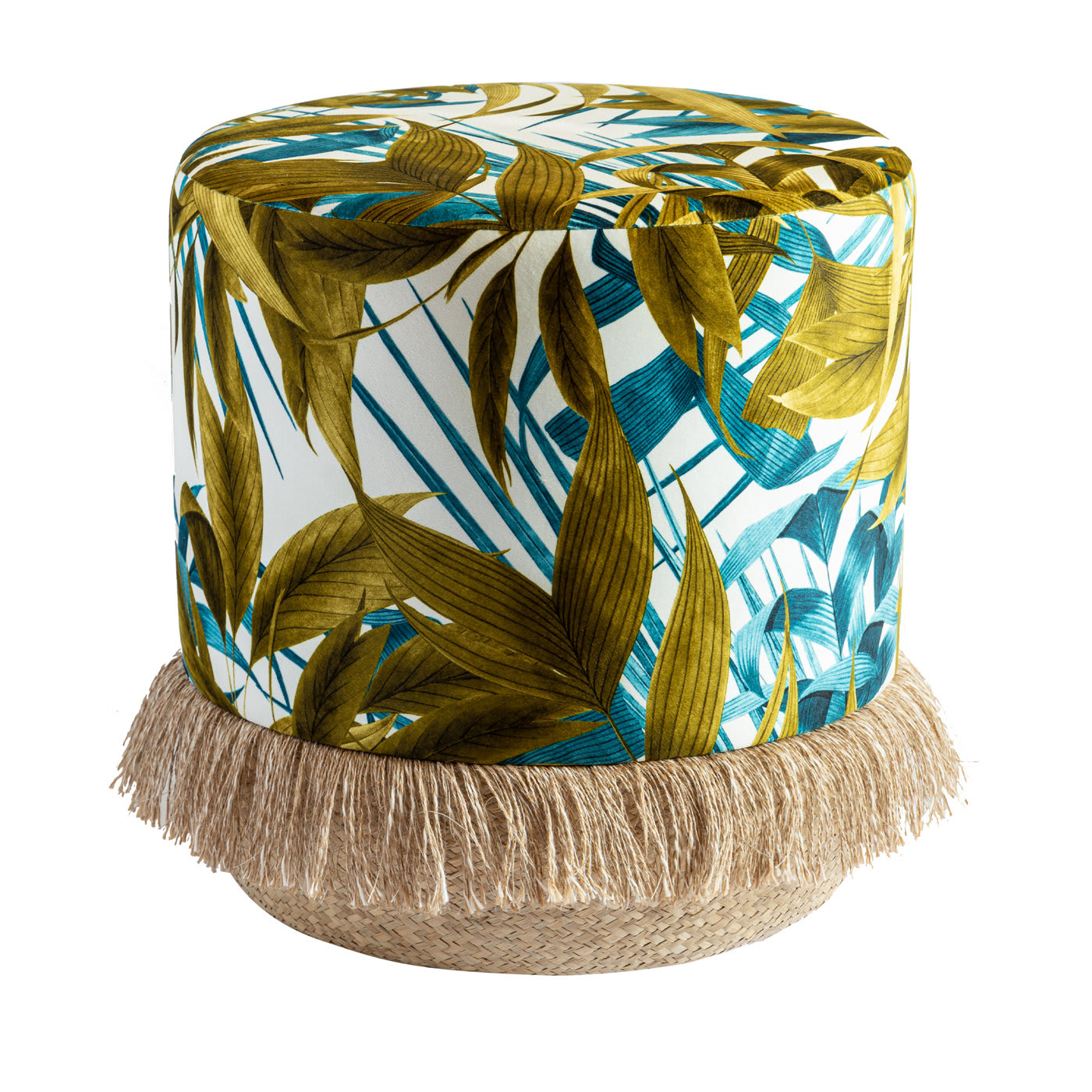 Pouf Las Palmas con foglie di palma e base in cesta