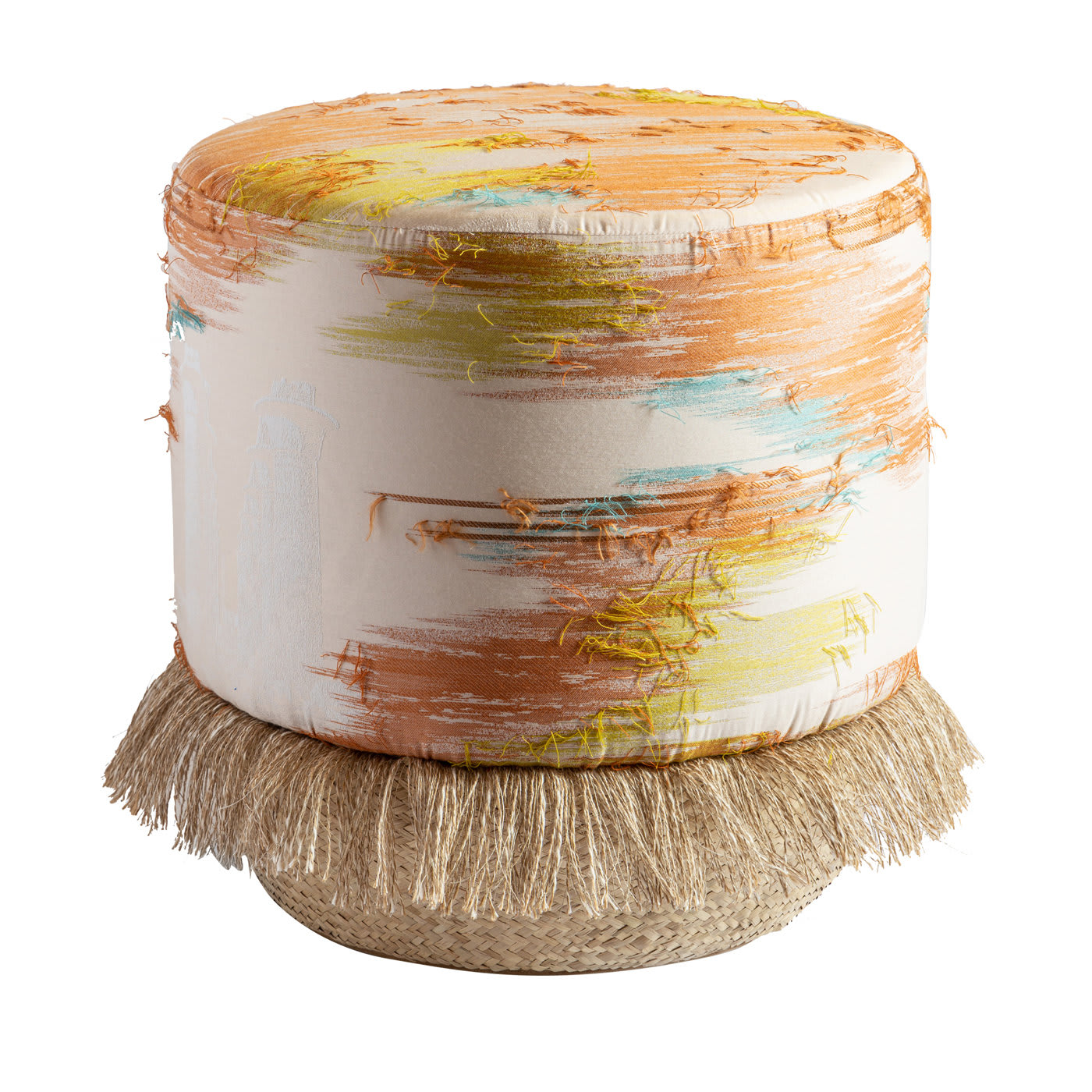 Pouf Nilo con tessuto jacquard e base in cesta