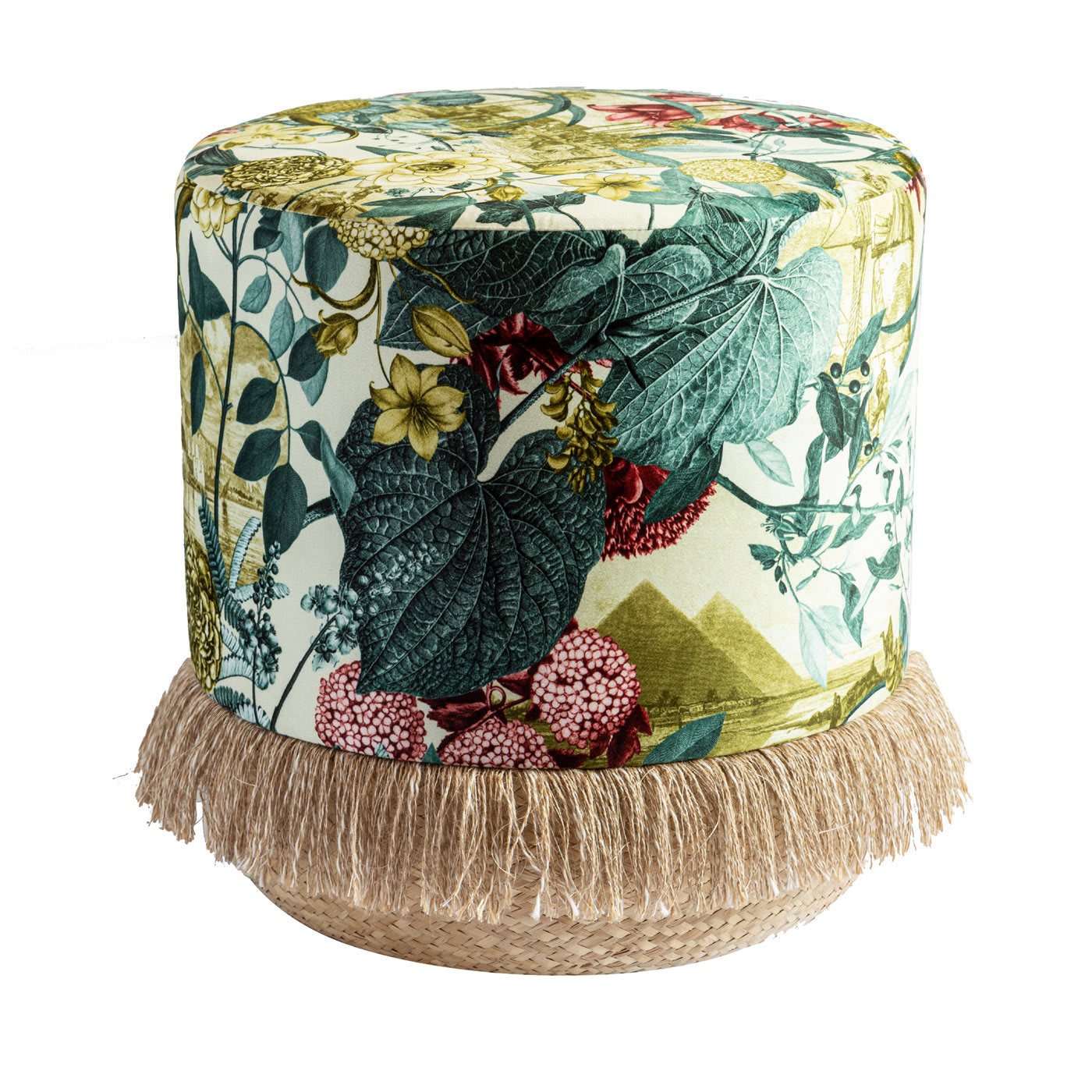 Pouf Notti d'Oriente con fantasia botanica e base in cesta