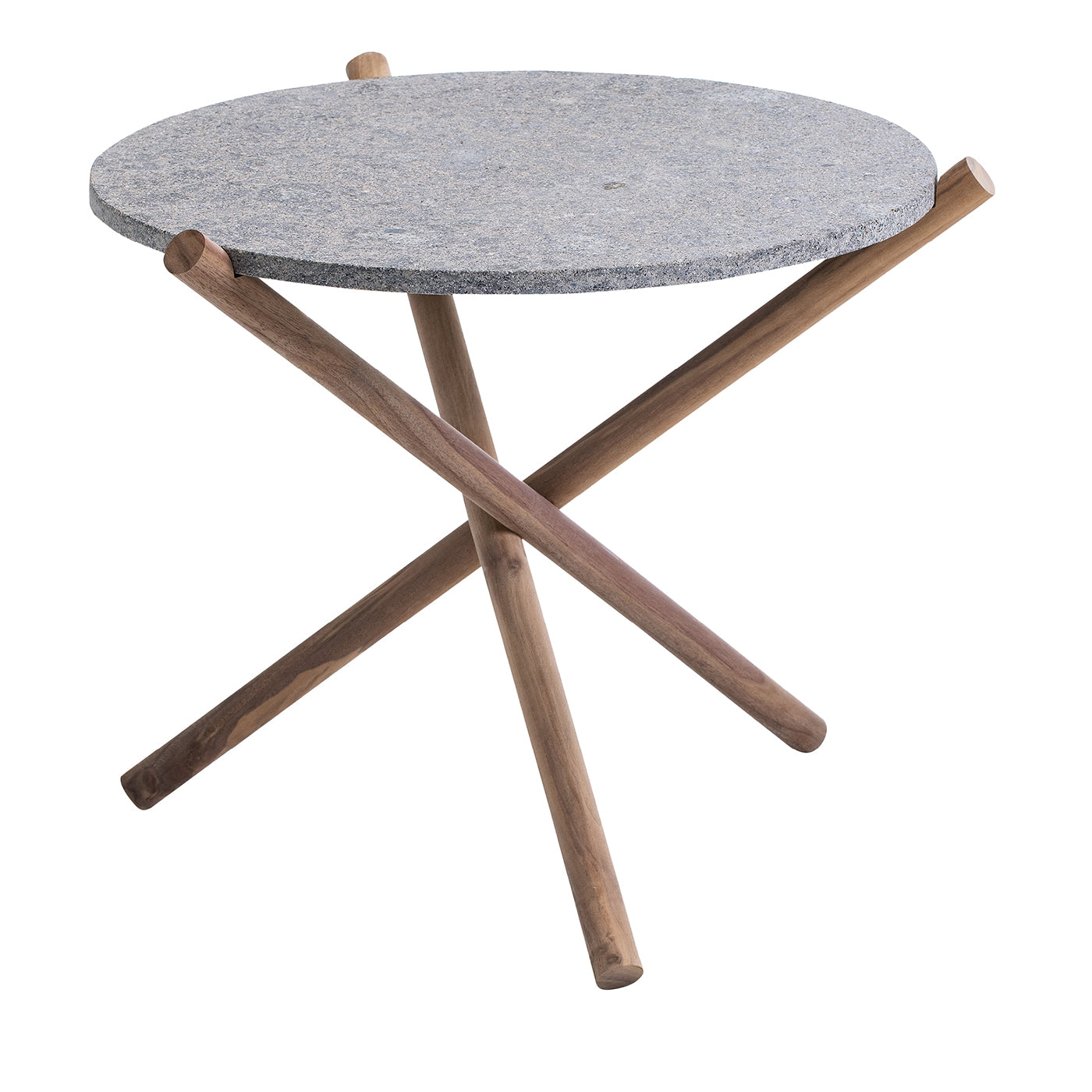 Tavolino laterale in pietra peperino grigia Naturam con gambe in legno