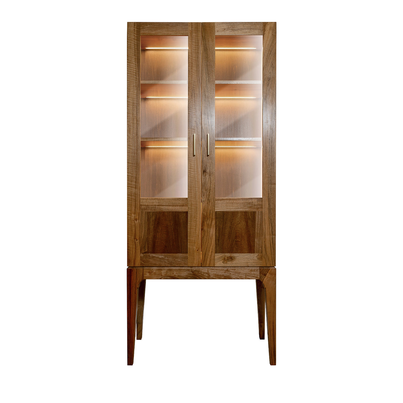 Vetrina minimalista in noce a due ante con illuminazione a LED