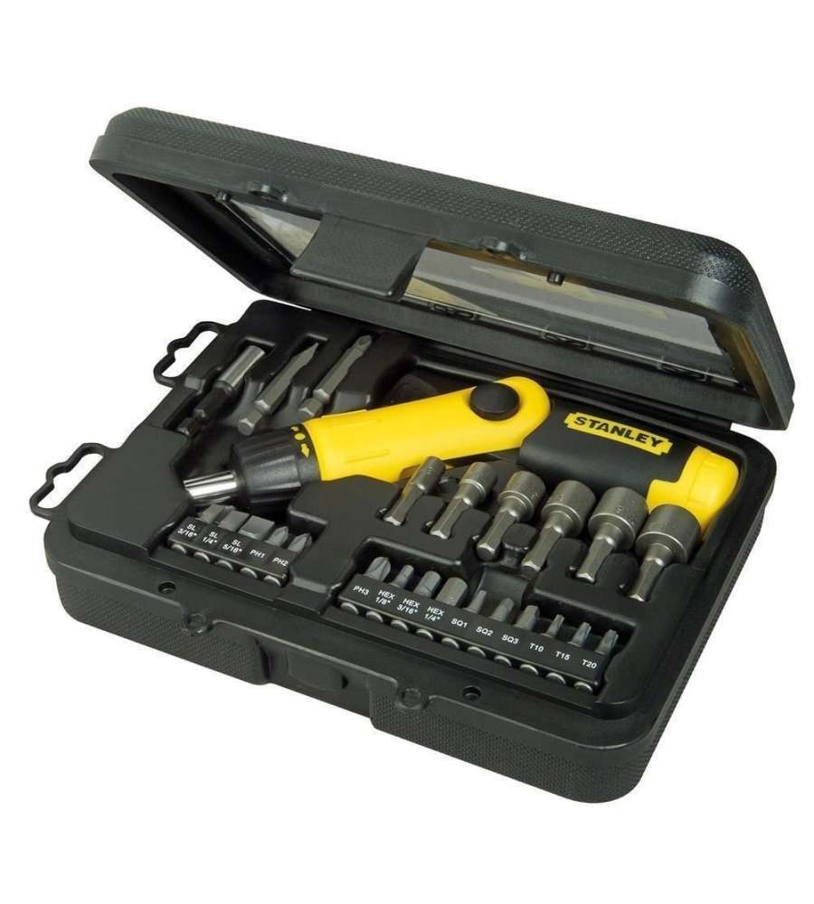 Stanley Set 25 Pz Giravite a Cricchetto - Impugnatura a Pistola, Bloccaggio 3 Posizioni, Inserti Standard, Phillips, Torx, Esagonali