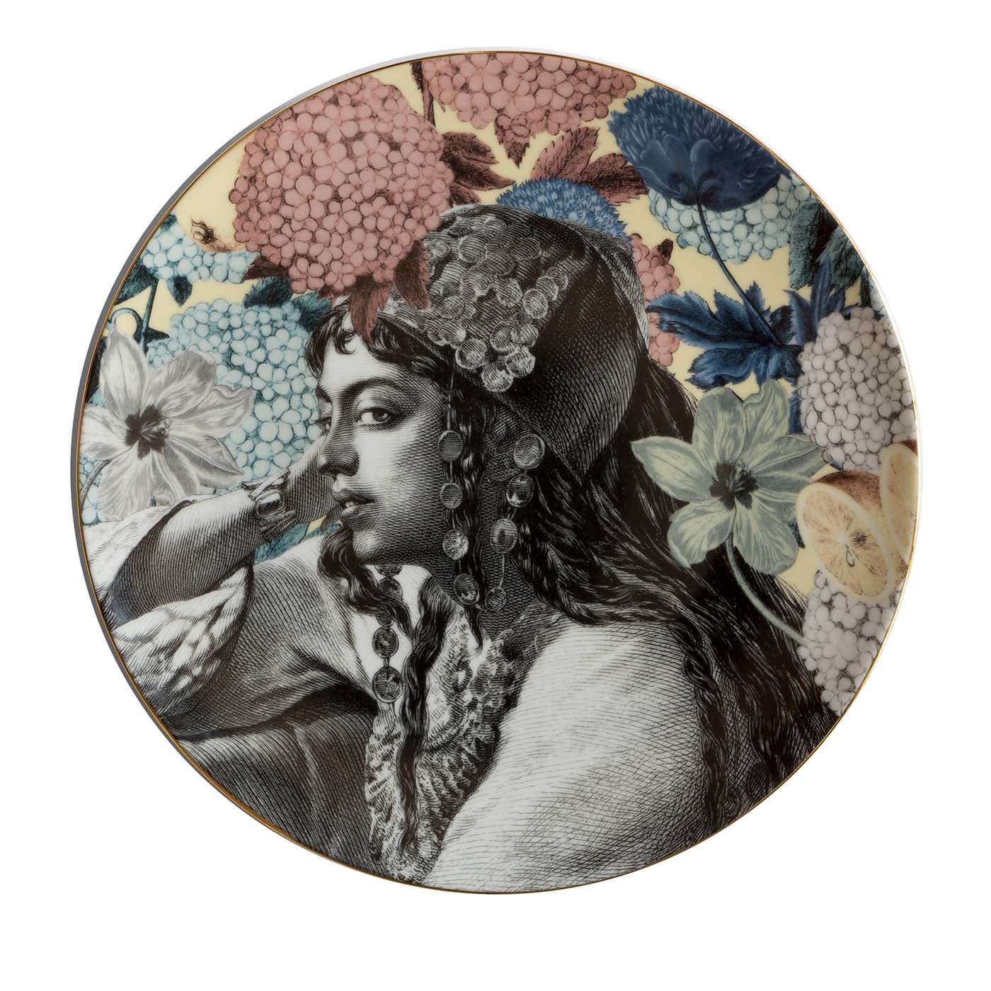 Piatto da portata in porcellana del Cairo con volto di donna e fiori #6
