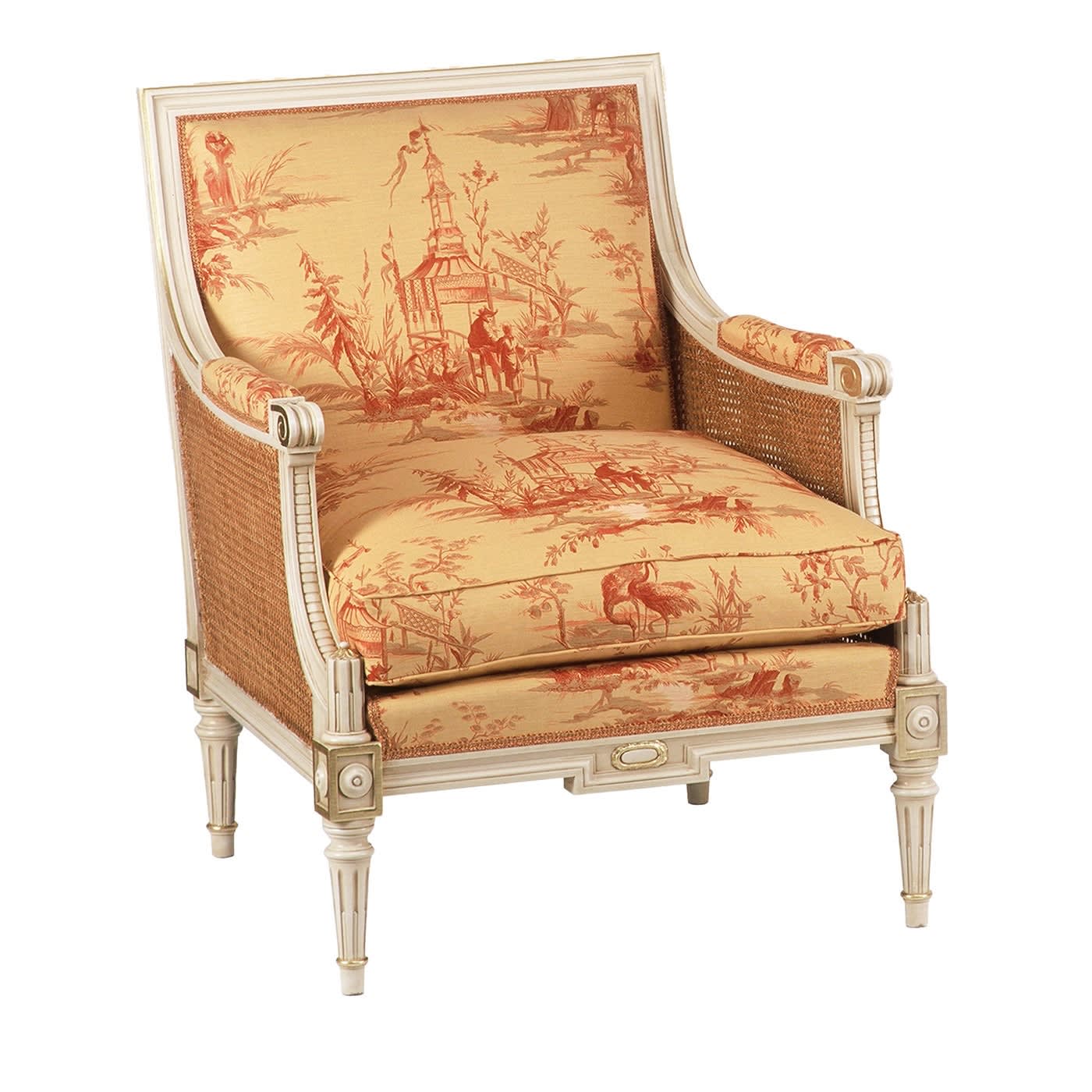 Poltrona Bergère in stile Luigi XVI, avorio e oro