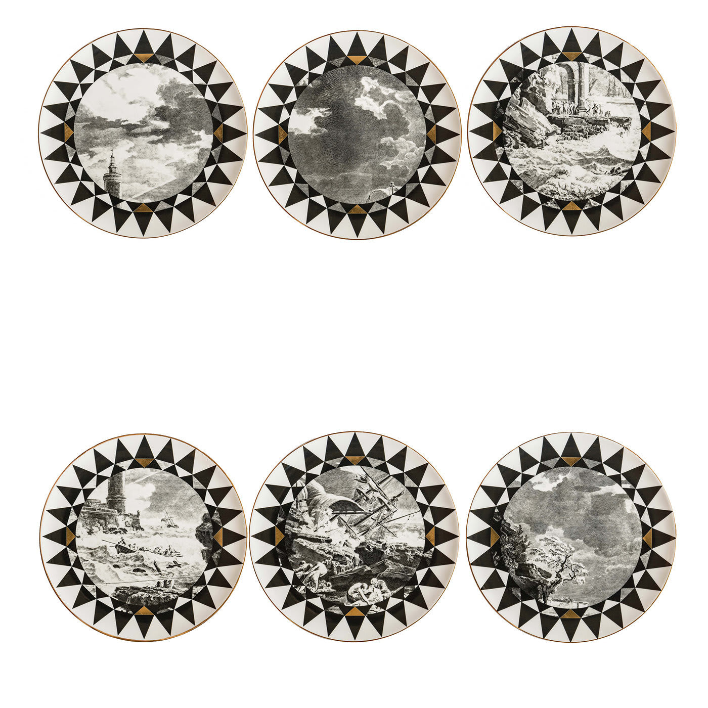 Set di 6 piatti da portata in porcellana Casquets con geometrie e paesaggi