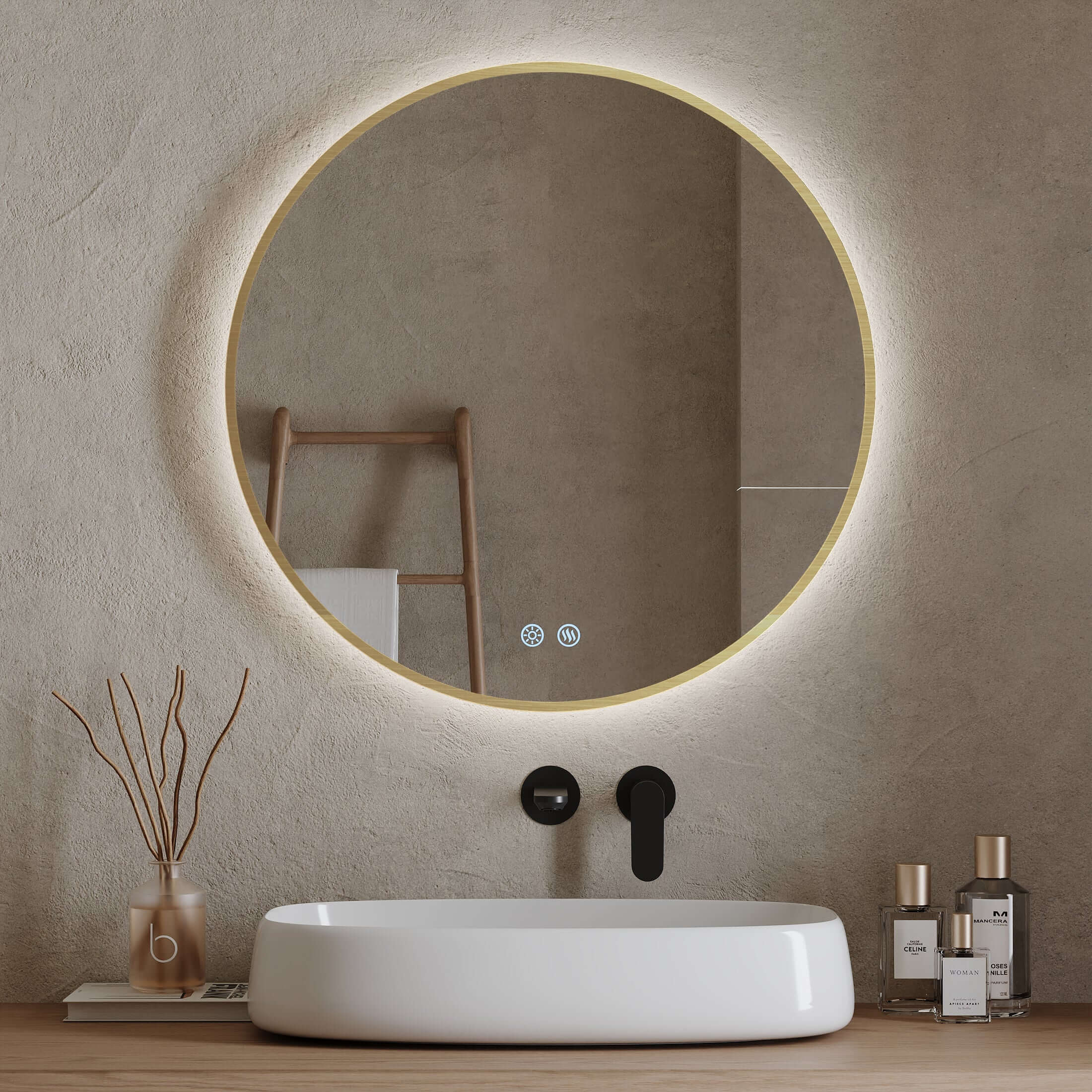 Specchio Tondo Retroilluminato Anti appannamento 80 cm Profilo Oro - Fiji