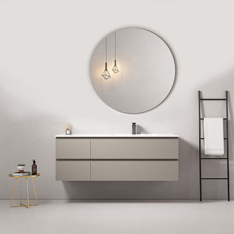 Mobile bagno sospeso 140 cm Grigio Cenere Lavabo a Destra in Resina Specchio Tondo - Fiji Paint