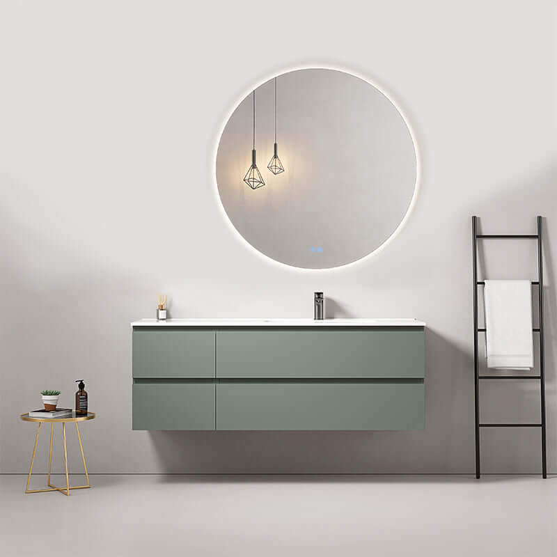Mobile bagno sospeso 140 cm Verde Salvia Lavabo a Destra in Resina Specchio Tondo Retroilluminato - Fiji Paint