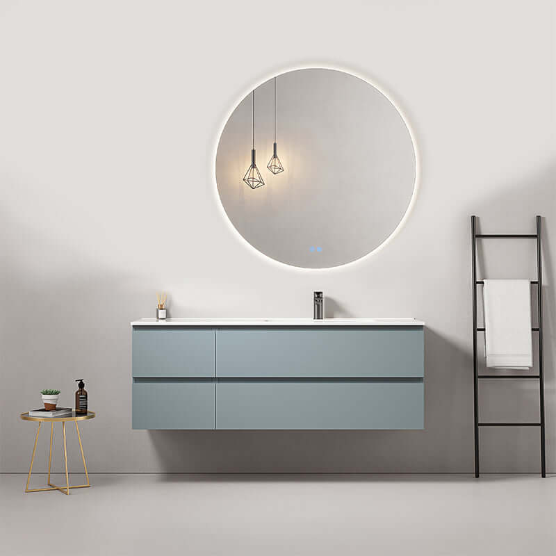 Mobile bagno sospeso 140 cm Blu Avio Lavabo a Destra in Resina Specchio Tondo Retroilluminato - Fiji Paint