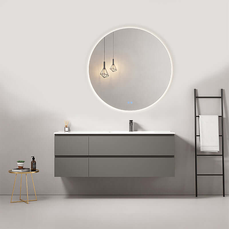 Mobile bagno sospeso 140 cm Grigio Londra Lavabo a Destra in Resina Specchio Tondo Retroilluminato - Fiji Paint