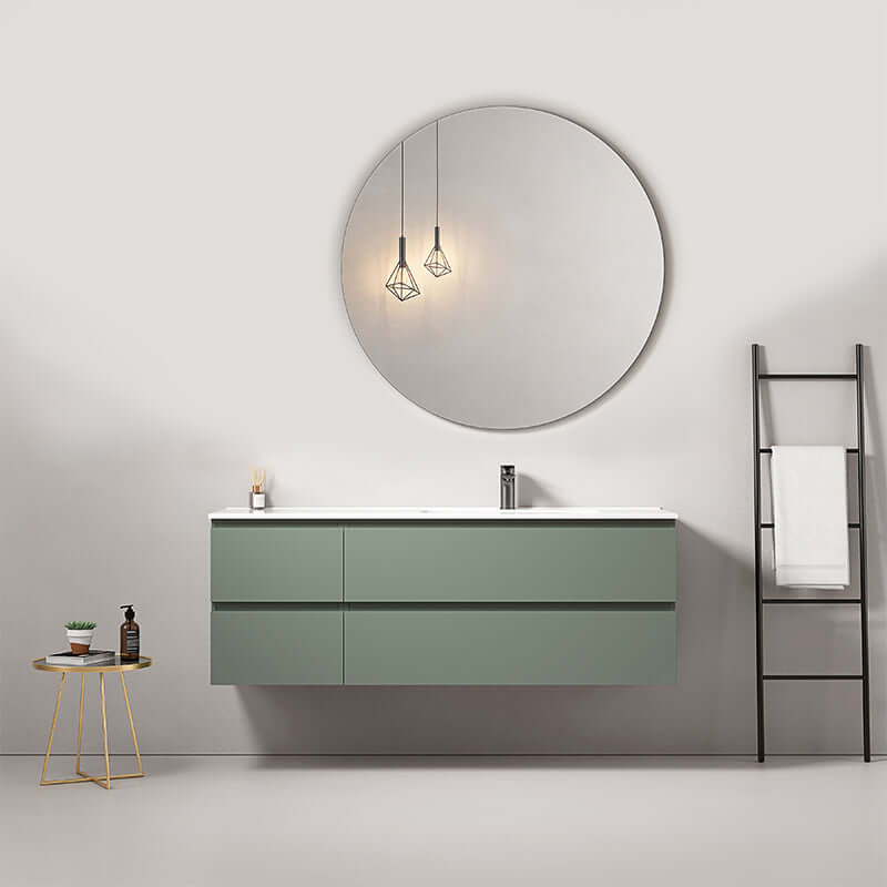 Mobile bagno sospeso 140 cm Verde Salvia Lavabo a Destra in Resina Specchio Tondo - Fiji Paint