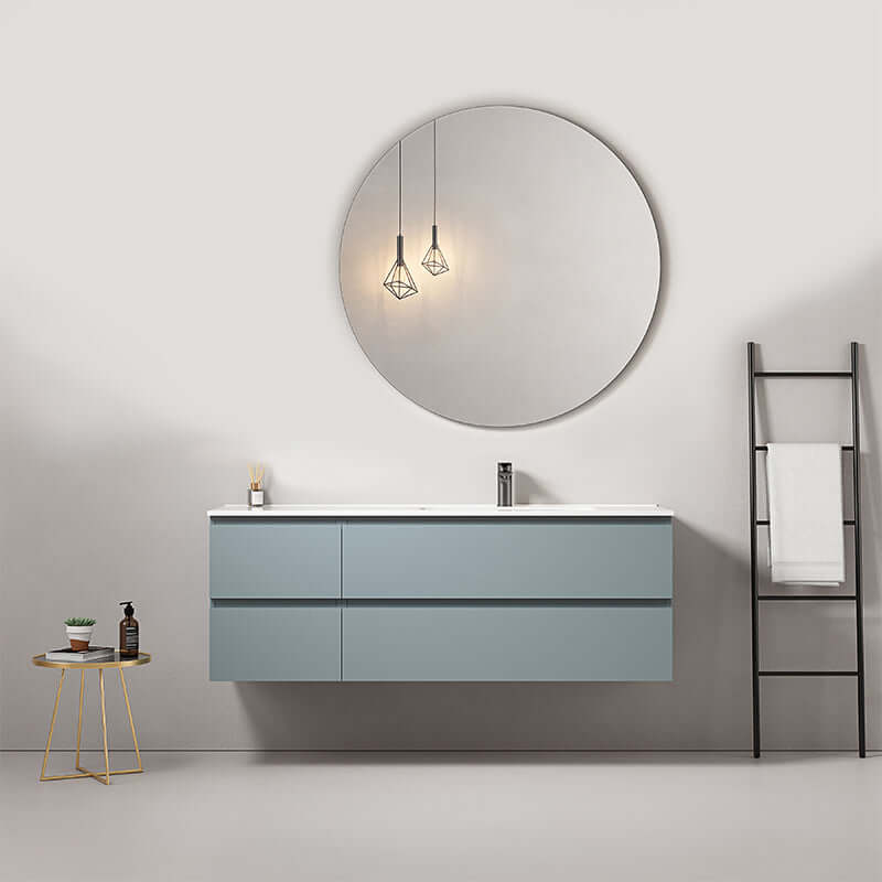 Mobile bagno sospeso 140 cm Blu Avio Lavabo a Destra in Resina Specchio Tondo - Fiji Paint