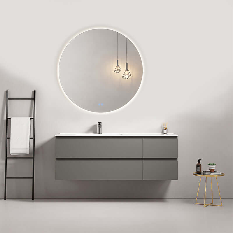 Mobile bagno sospeso 140 cm Grigio Londra Lavabo a Sinistra in Resina Specchio Tondo Retroilluminato - Fiji Paint
