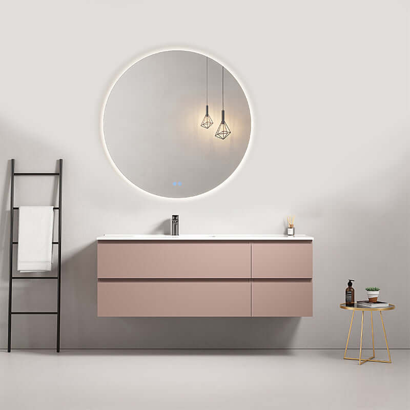 Mobile bagno sospeso 140 cm Rosa Retro Lavabo a Sinistra in Resina Specchio Tondo Retroilluminato - Fiji Paint