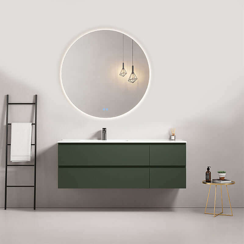 Mobile bagno sospeso 140 cm Verde Comodoro Lavabo a Sinistra in Resina Specchio Tondo Retroilluminato - Fiji Paint
