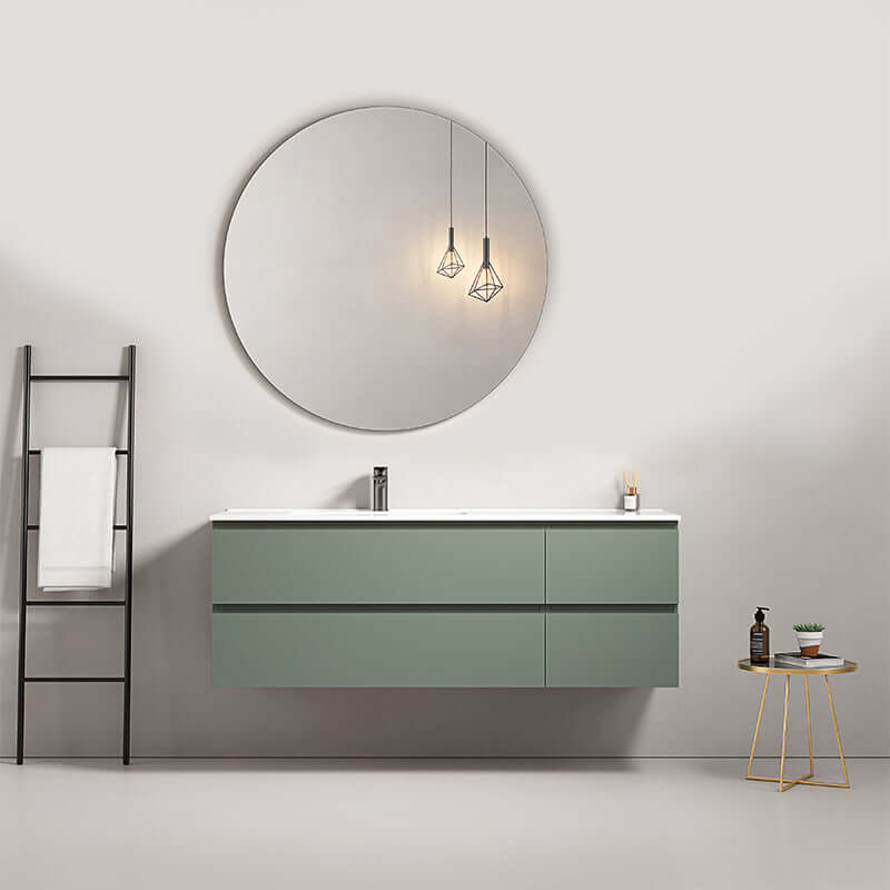 Mobile bagno sospeso 140 cm Verde Salvia Lavabo a Sinistra in Resina Specchio Tondo - Fiji Paint