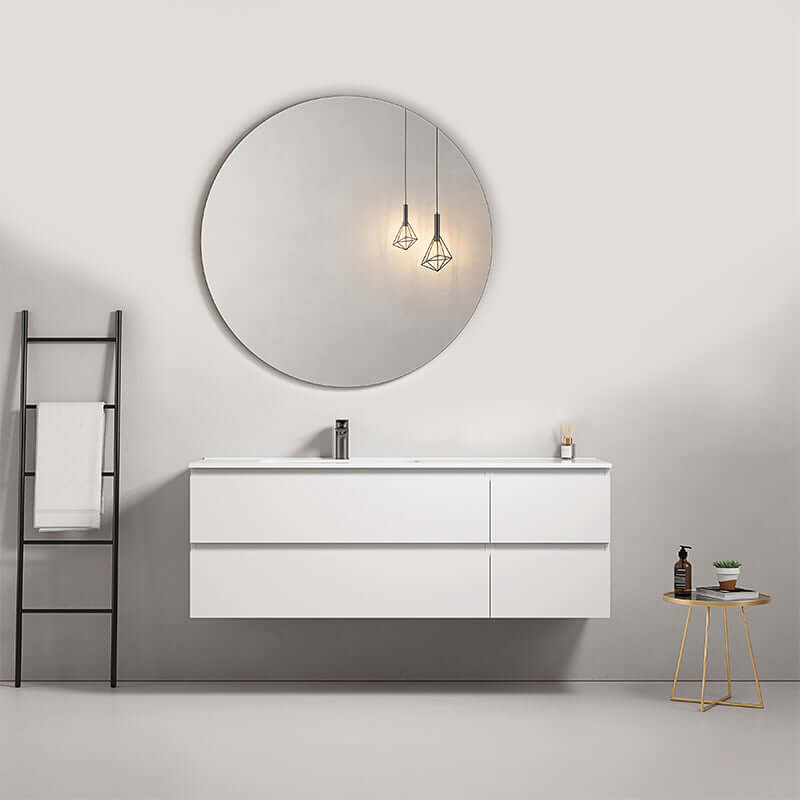 Mobile bagno sospeso 140 cm Bianco Lavabo a Sinistra in Resina Specchio Tondo - Fiji Paint