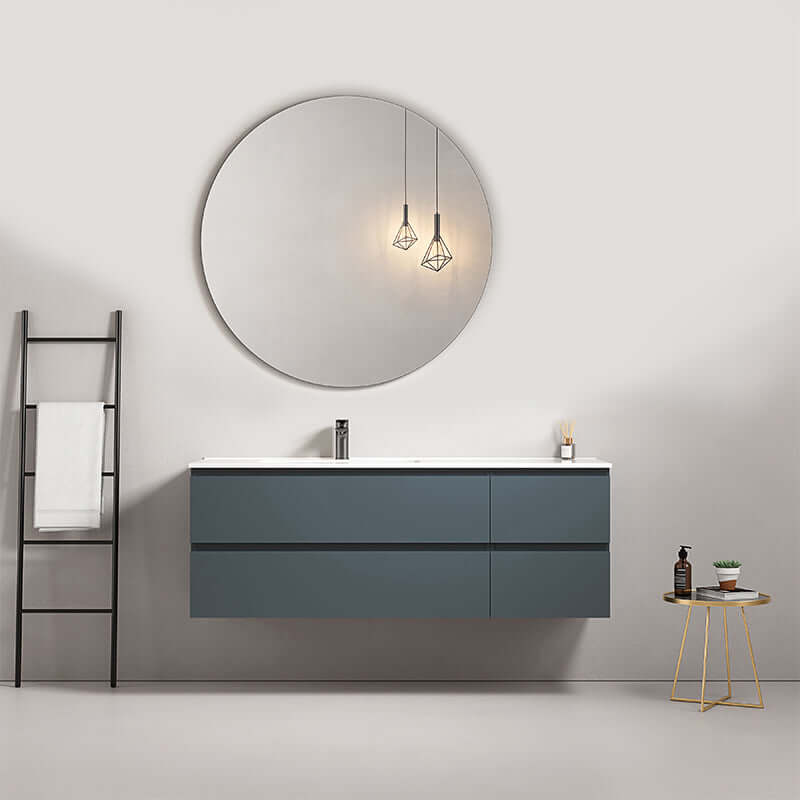 Mobile bagno sospeso 140 cm Blu Mare Lavabo a Sinistra in Resina Specchio Tondo - Fiji Paint