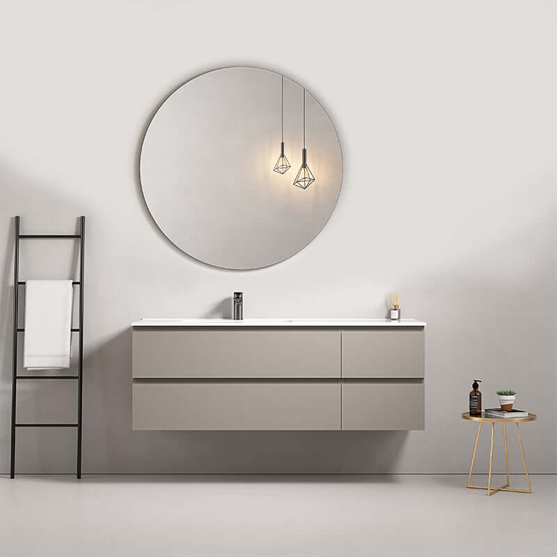 Mobile bagno sospeso 140 cm Grigio Cenere Lavabo a Sinistra in Resina Specchio Tondo - Fiji Paint