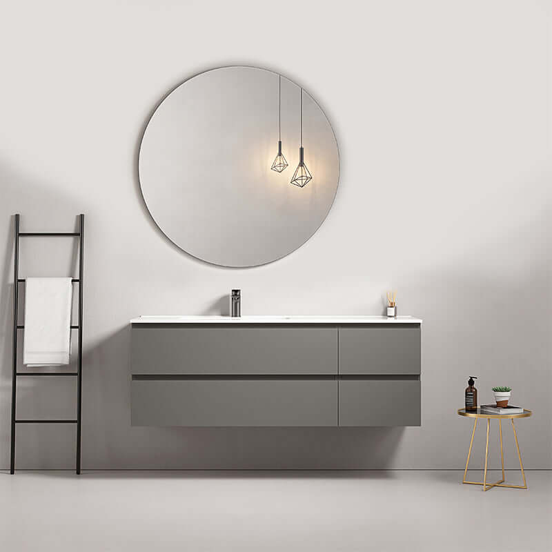 Mobile bagno sospeso 140 cm Grigio Londra Lavabo a Sinistra in Resina Specchio Tondo - Fiji Paint