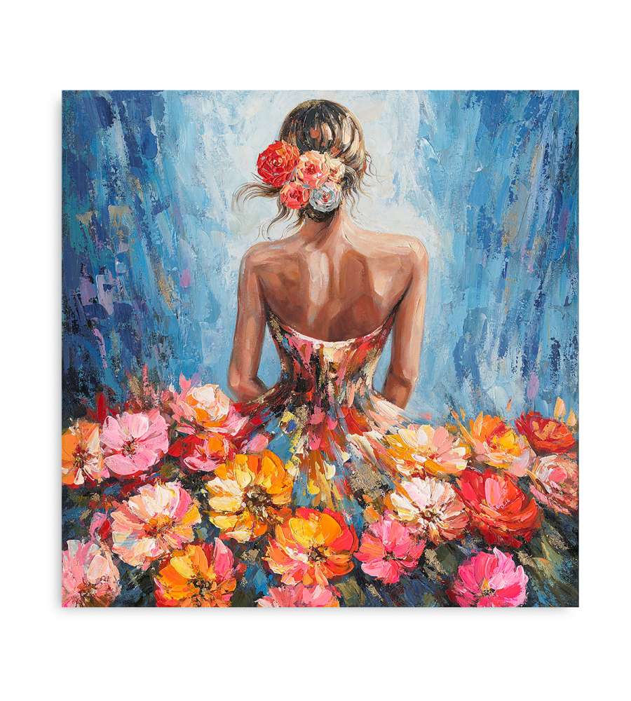 Domo Mea Dipinto su Tela - Ragazza col Vestito di Fiori - 50 x 50 cm