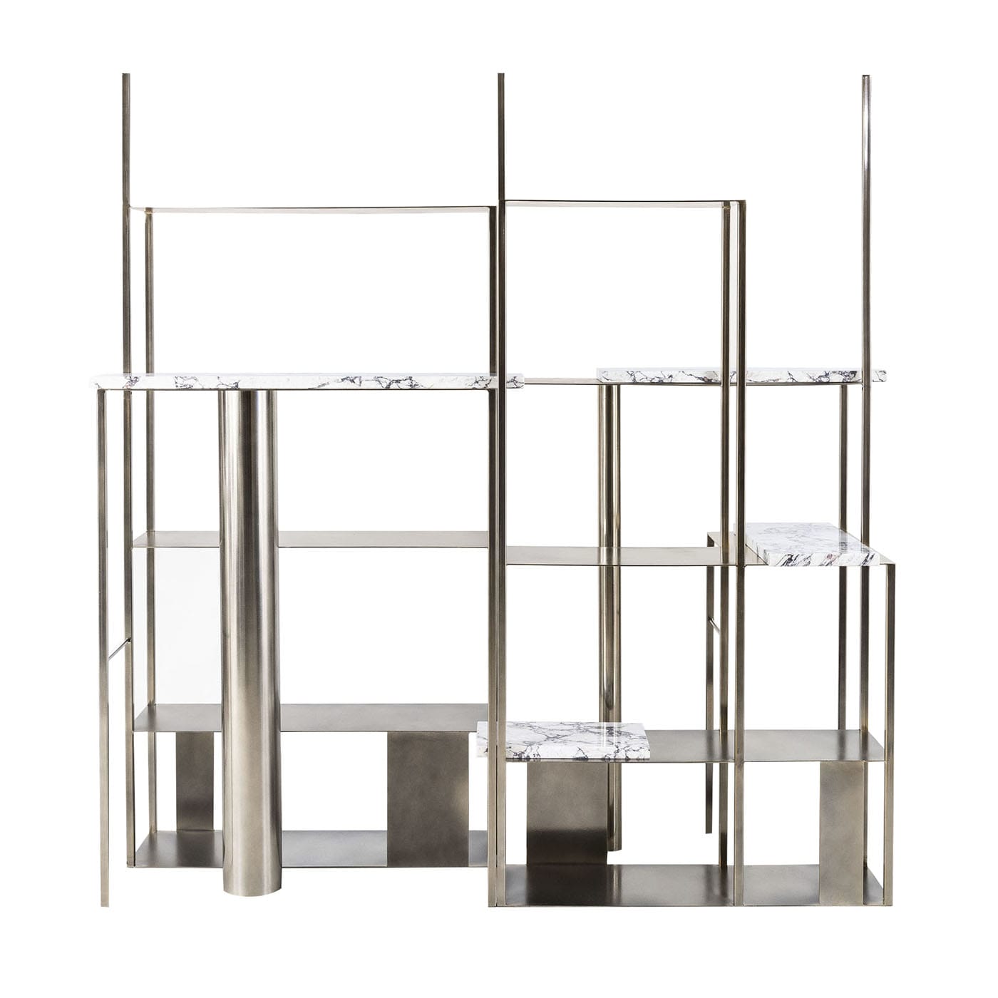 Libreria Colonna in metallo dorato con ripiani in marmo