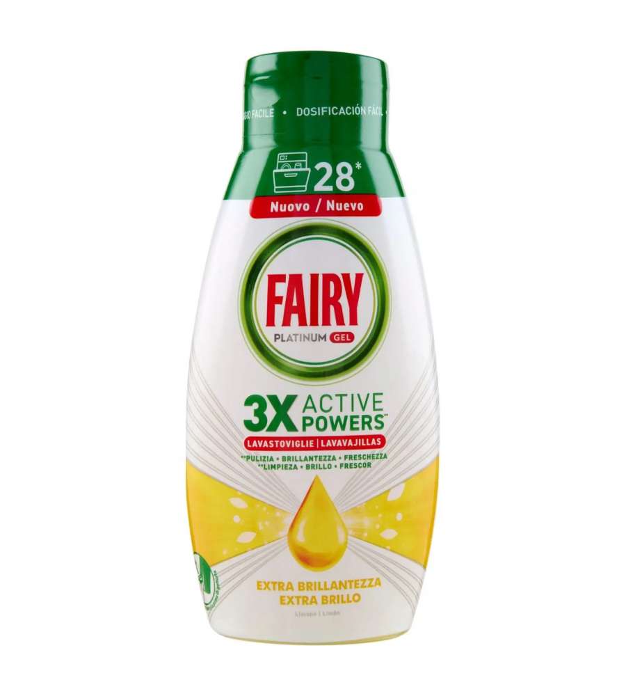 Fairy Gel Lavastoviglie Platinum Extra Brillantezza, Detersivo Piatti Limone 28 Lavaggi 504ml