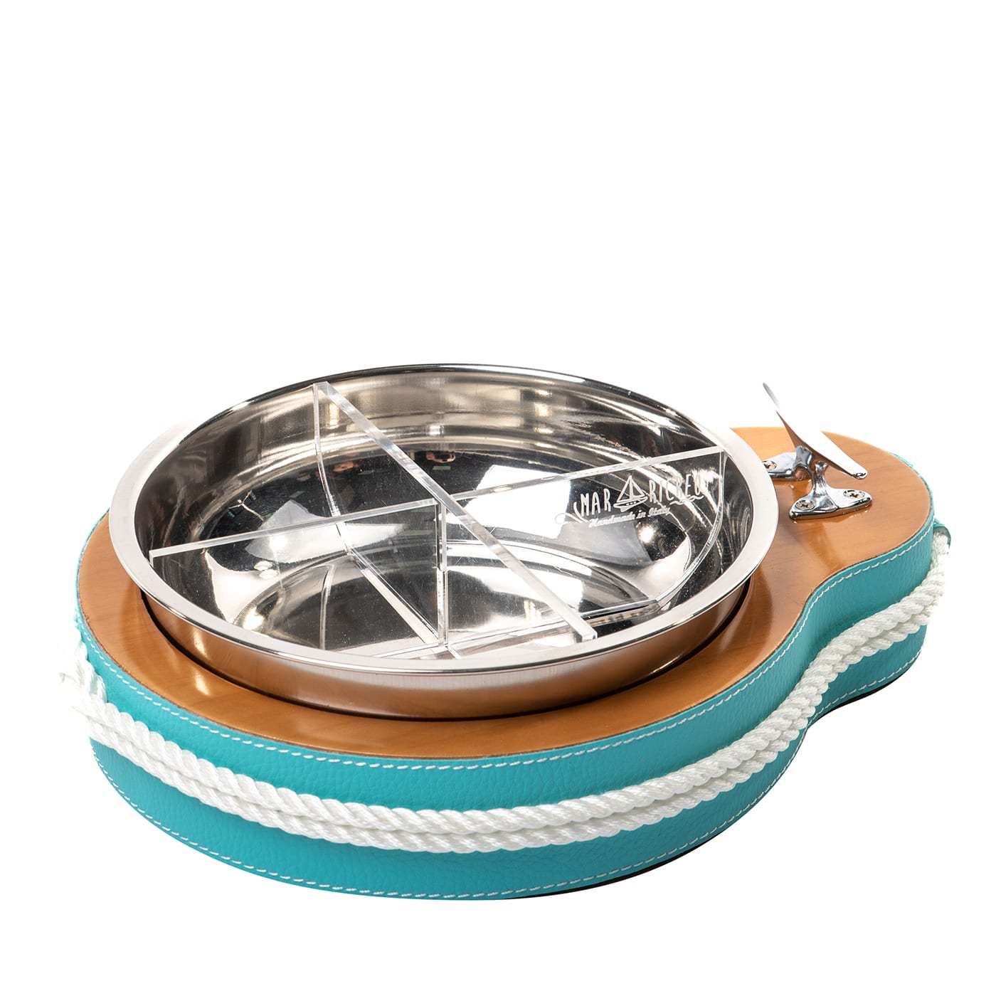 Vassoio per antipasti rotondo a 4 scomparti di colore turchese e bianco