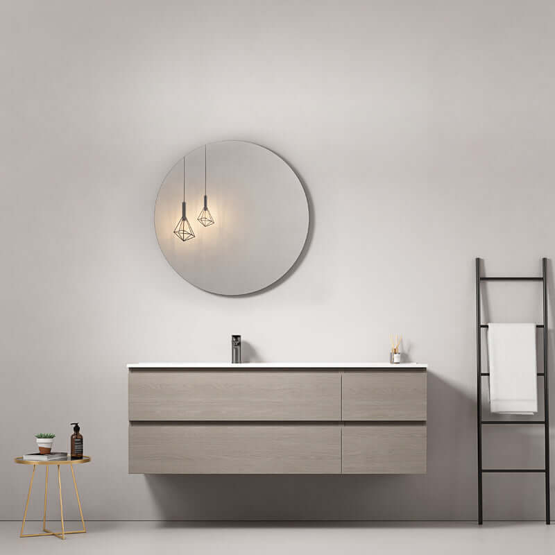 Mobile bagno sospeso 140 cm Beige Lavabo a Sinistra in Resina Specchio Tondo - Fiji Wood