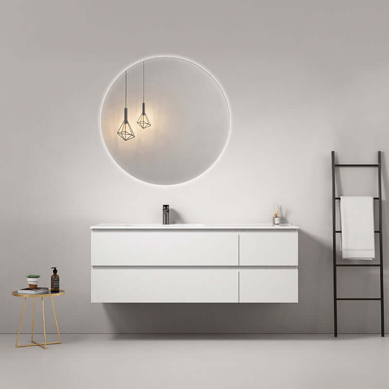 Mobile bagno sospeso 140 cm Bianco Lavabo a Sinistra in Resina Specchio Tondo Retroilluminato - Fiji Wood