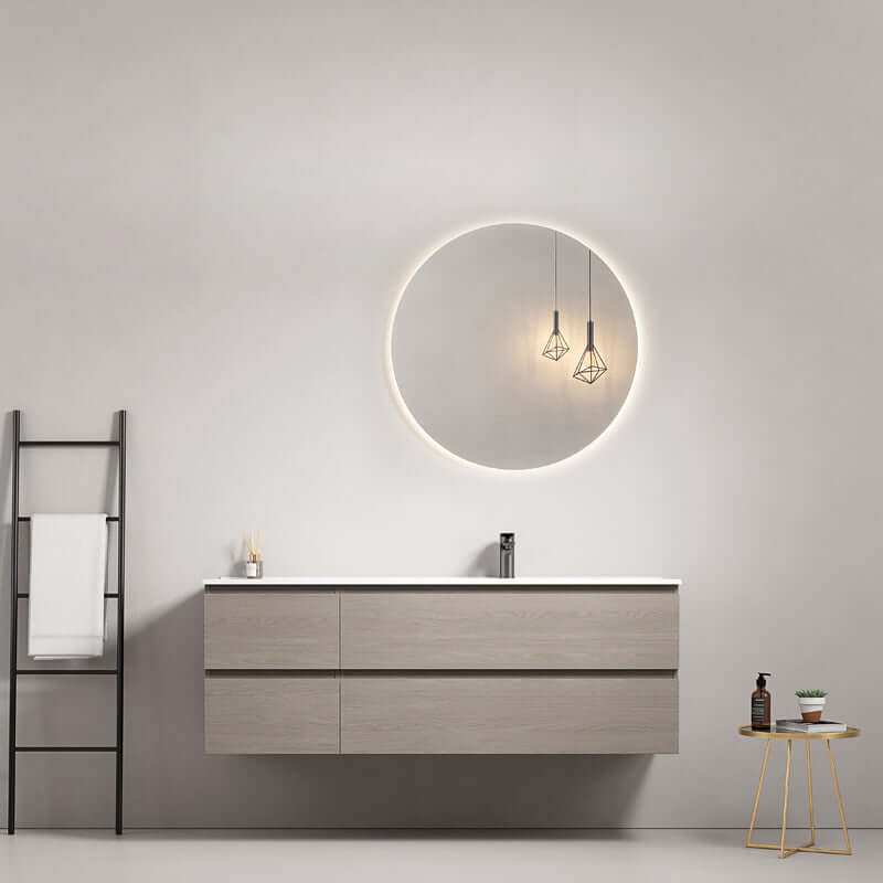 Mobile bagno sospeso 140 cm Beige Lavabo a Destra in Resina Specchio Tondo Retroilluminato - Fiji Wood