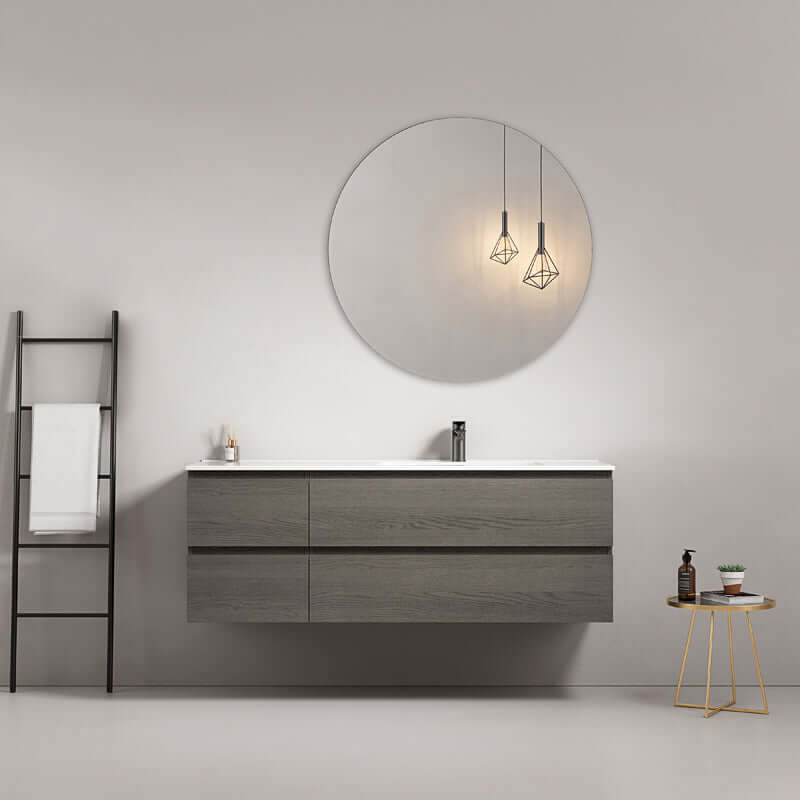 Mobile bagno sospeso 140 cm Grey Lavabo a Destra in Resina Specchio Tondo - Fiji Wood