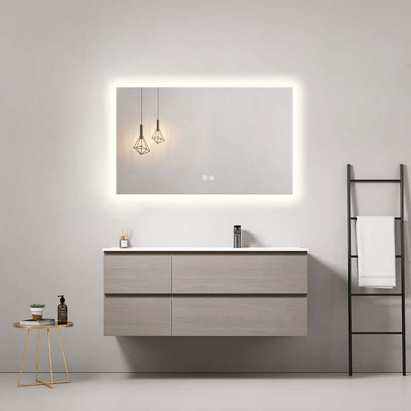 Mobile bagno sospeso 120 cm Beige Lavabo a Destra in Ceramica Specchio Quadro Retroilluminato - Fiji Wood