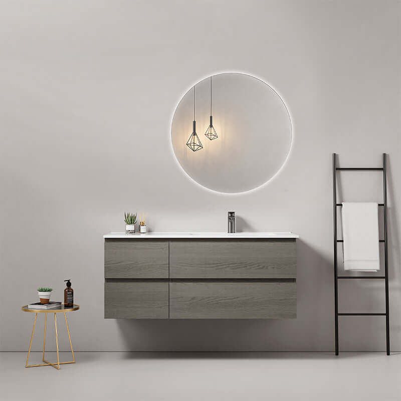Mobile bagno sospeso 120 cm Grey Lavabo a Destra in Ceramica Specchio Tondo Retroilluminato - Fiji Wood