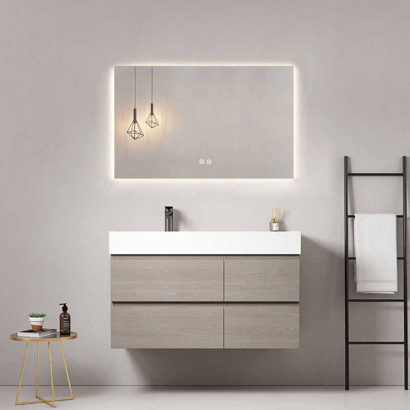 Mobile bagno sospeso 100 cm Beige Lavabo a Sinistra in Resina Specchio Quadro Retroilluminato - Fiji Wood