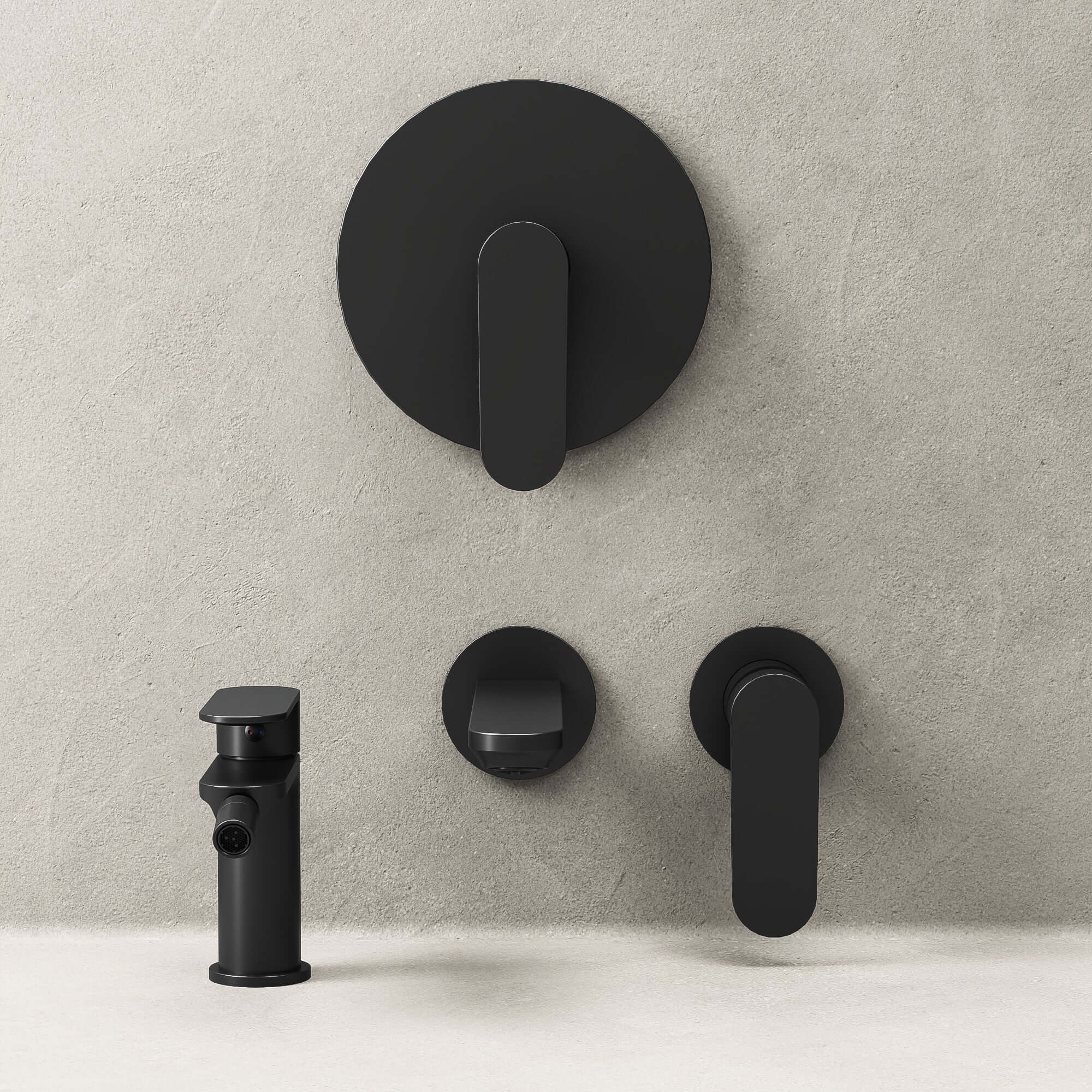 Set Miscelatori Lavabo a Parete Bidet e Doccia Con Piletta Click Clack Nero - Neptune