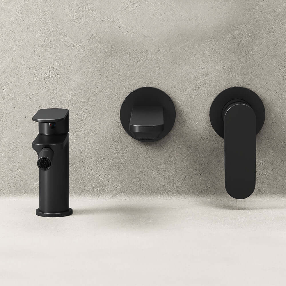 Set Miscelatori Lavabo a Parete e Bidet Con Piletta Click Clack Nero - Neptune