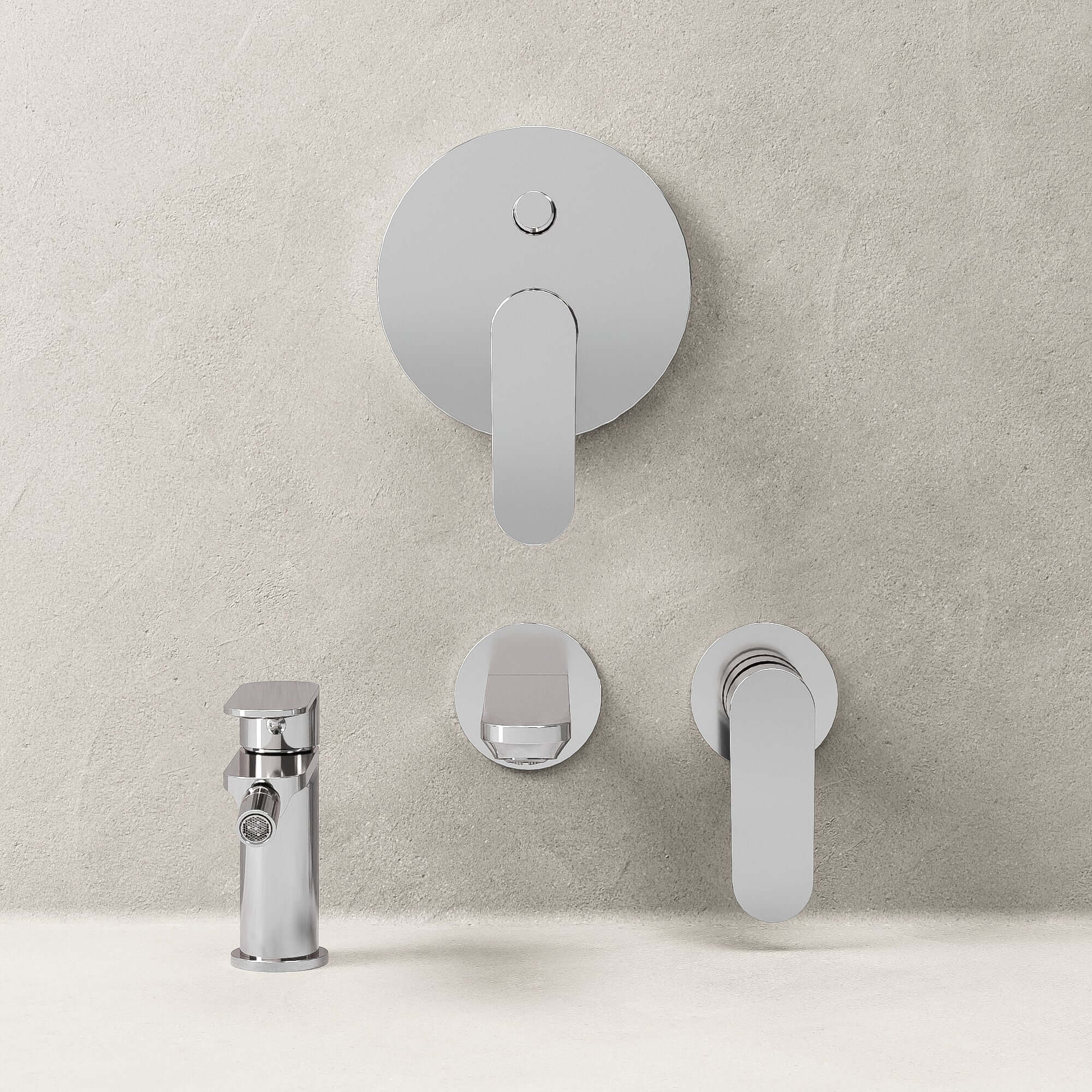 Set Miscelatori Lavabo a Parete Bidet e Doccia c/Deviatore Con Piletta Click Clack Cromo - Neptune