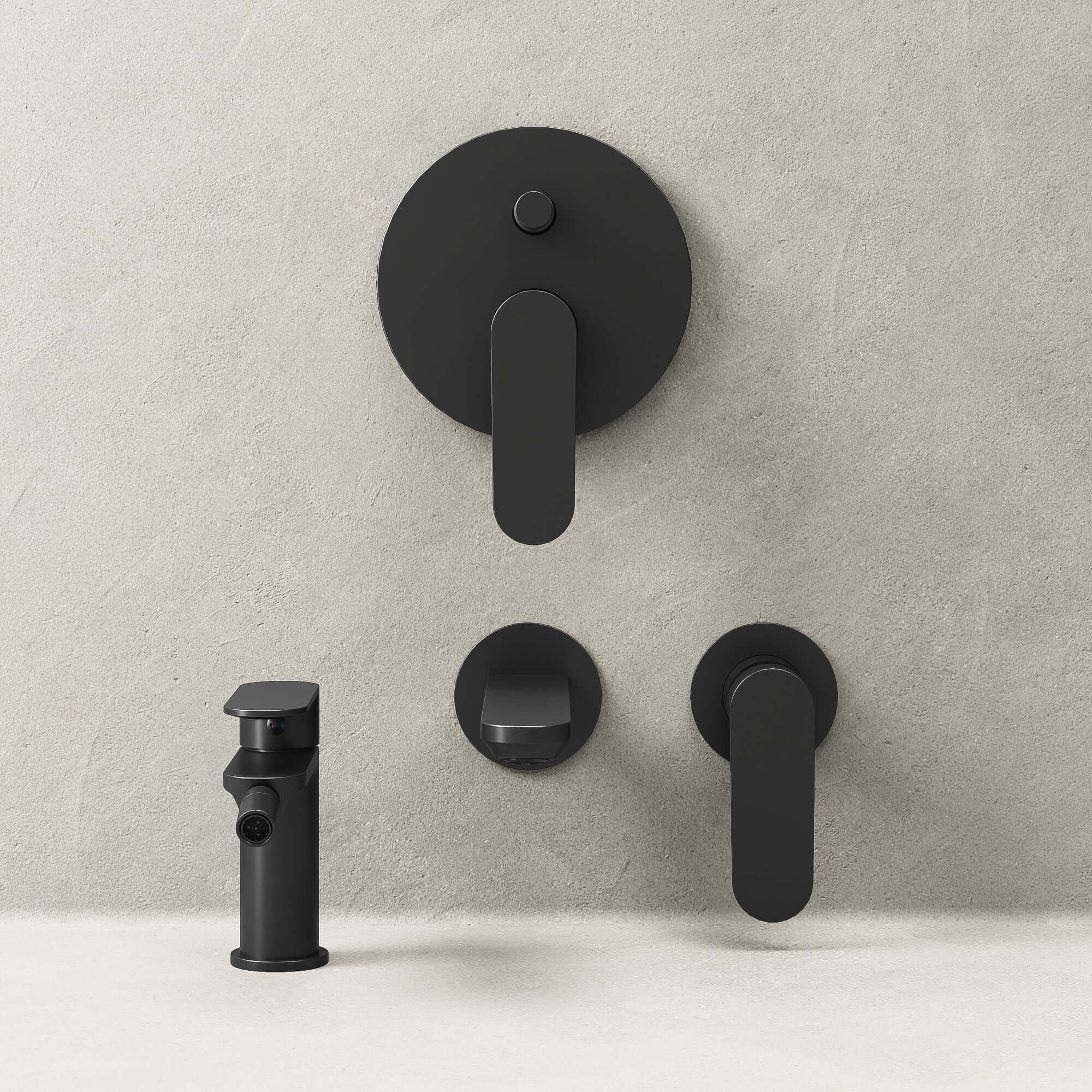 Set Miscelatori Lavabo a Parete Bidet e Doccia c/Deviatore Con Piletta Click Clack Nero - Neptune