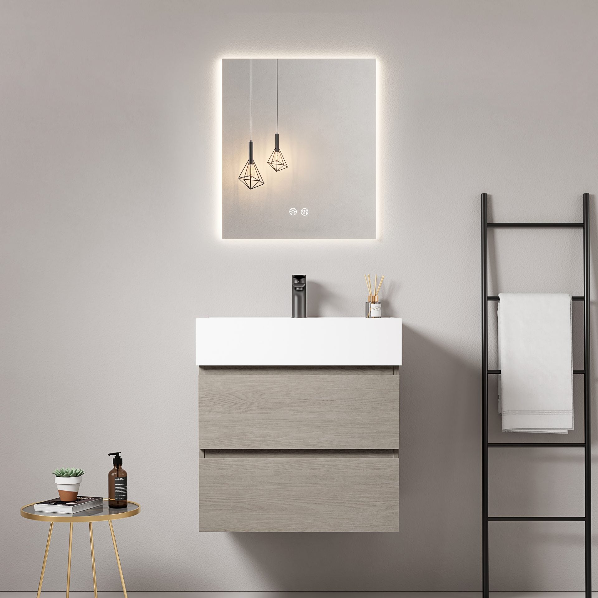 Mobile bagno sospeso 60 cm Beige Lavabo in Resina Specchio Quadro Retroilluminato - Fiji Wood