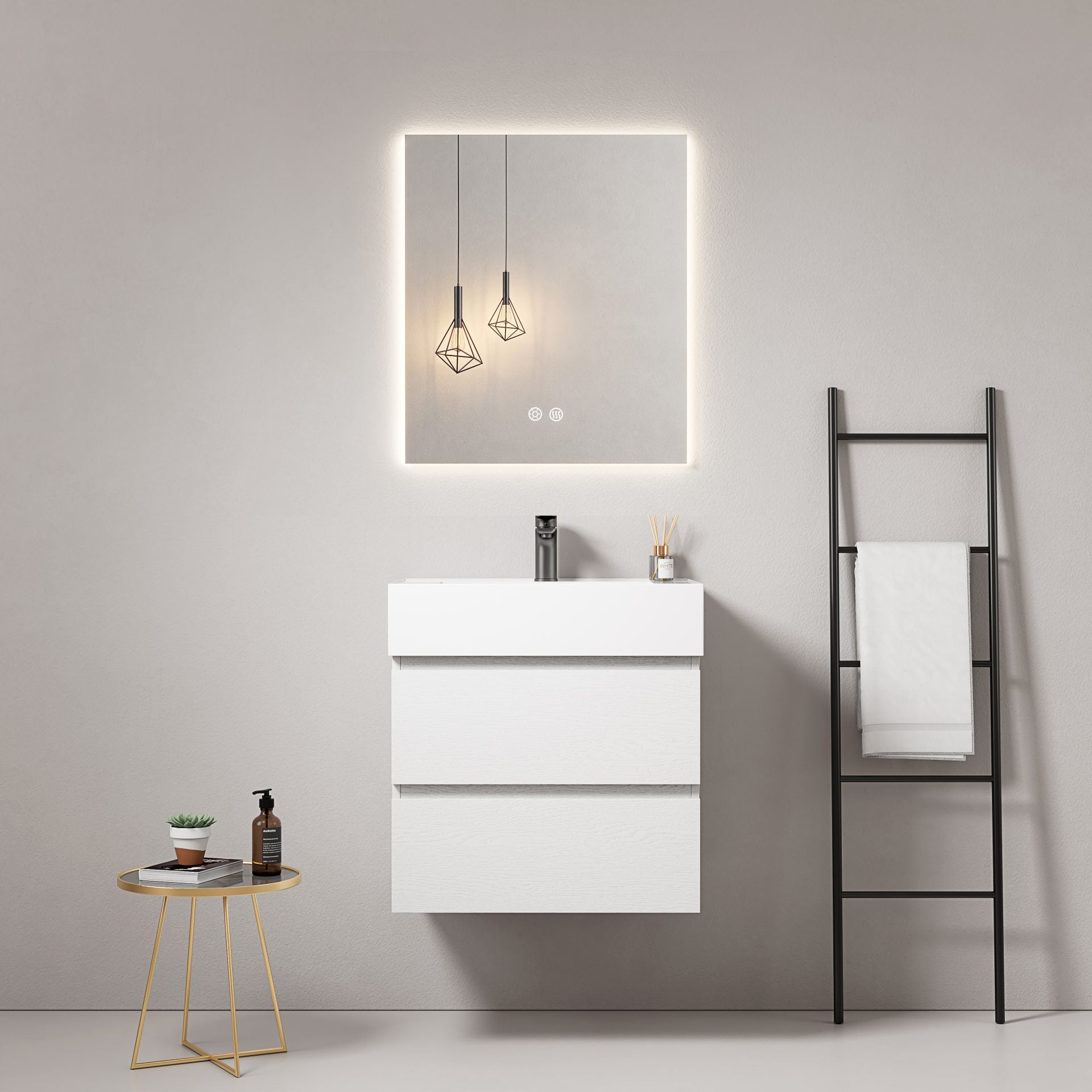 Mobile bagno sospeso 60 cm Bianco Lavabo in Resina Specchio Quadro Retroilluminato - Fiji Wood
