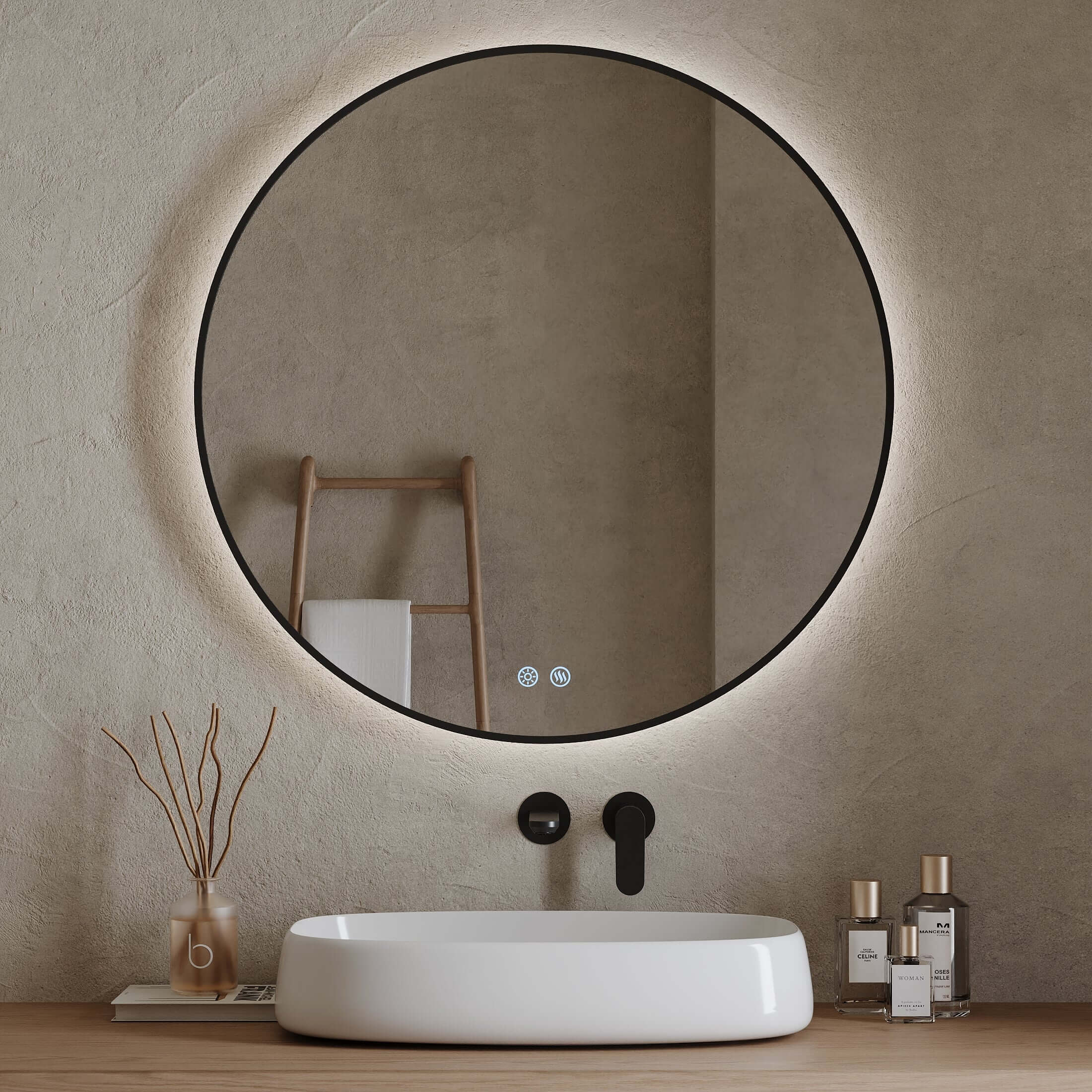 Specchio Tondo Retroilluminato Anti appannamento 100 cm Profilo Nero - Fiji