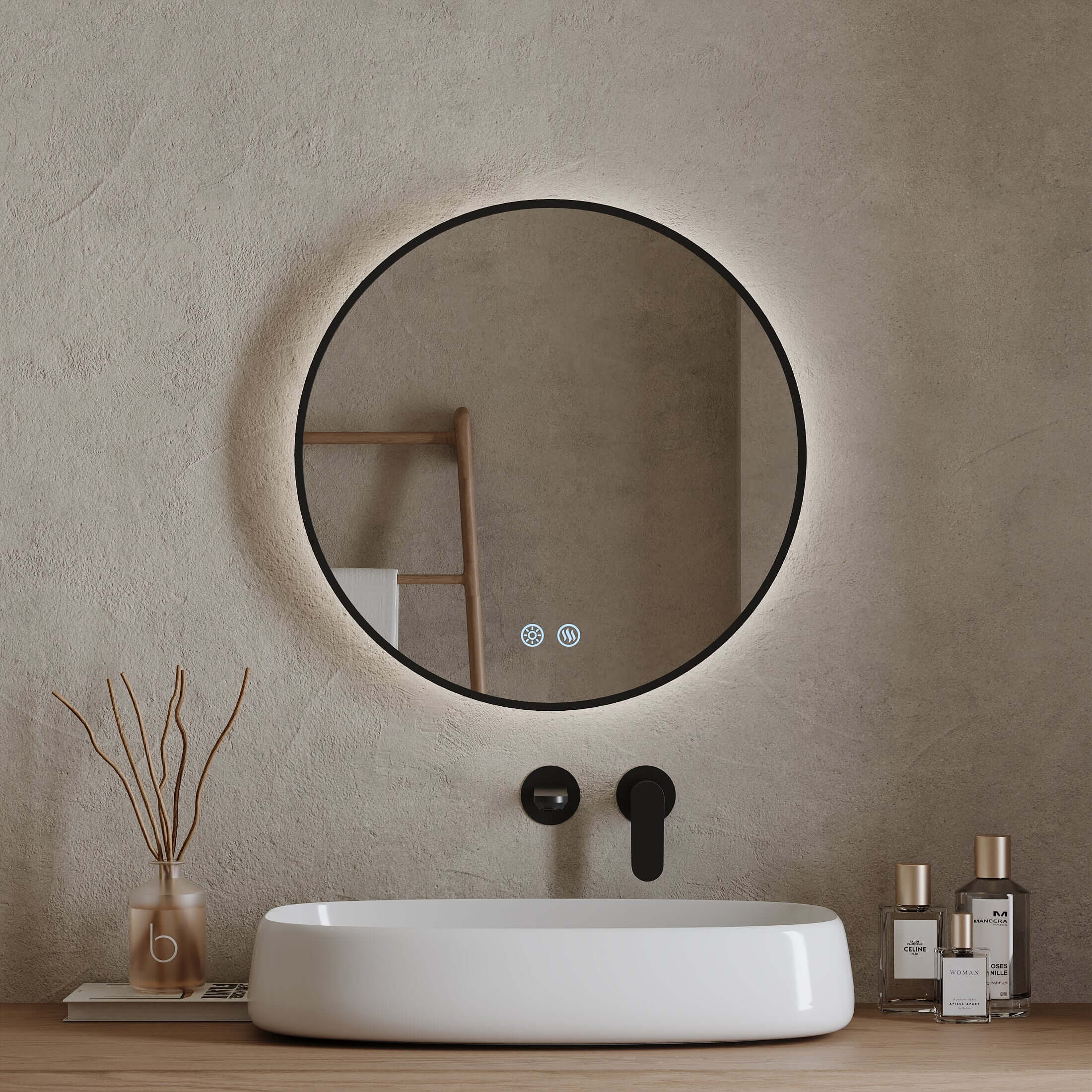 Specchio Tondo Retroilluminato Anti appannamento 60 cm Profilo Nero - Fiji