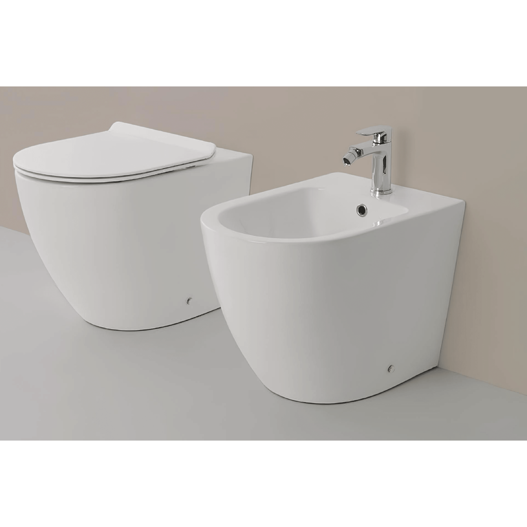 Coppia Di Sanitari a Terra Senza Brida Con Copriwater "Linea T" Bianco Lucido