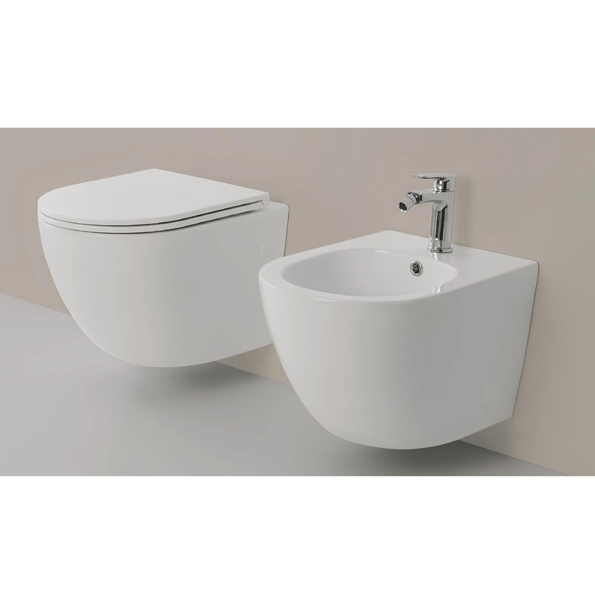 Coppia Di Sanitari Sospesi Senza Brida Con Copriwater "T-Slim" Bianco Lucido